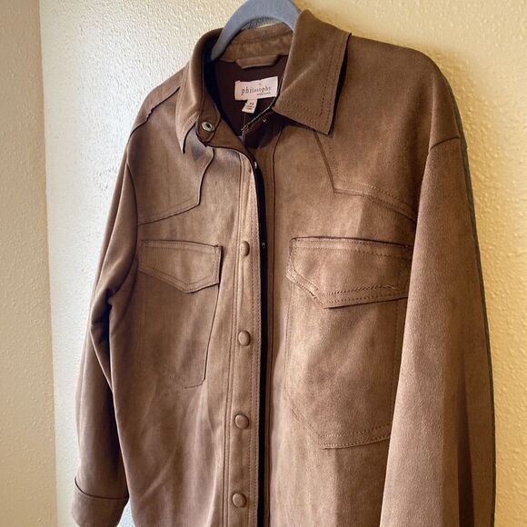 Philosophy Women's XS Vegan Suede Faux Caramel Brown Snap Shacket Western Jacket - Picture 9 of 14